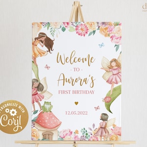 Signo de bienvenida de cumpleaños de hadas EDITABLE, signo de bienvenida de cumpleaños de hadas mágico, signo de jardín de hadas, signo de bosque encantado, descarga instantánea KP020