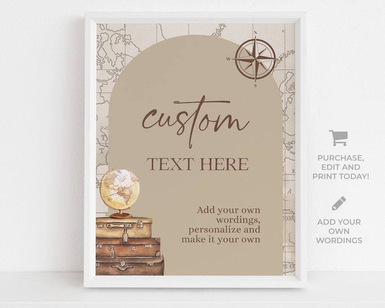 Puede incluir: Un cartel imprimible con un fondo de mapa del mundo vintage, una br&uacute;jula y una pila de maletas. El cartel dice "texto personalizado aqu&iacute;" y "a&ntilde;ade tu propio texto, personal&iacute;zalo y hazlo tuyo".