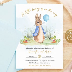 EDITABLE Peter Rabbit Baby Shower Invito, Invito acquerello coniglietto rustico, Festa per ragazzi con palloncini blu, Giardino primaverile, Download istantaneo, BS133