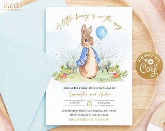 EDITABLE Peter Rabbit Baby Shower Invitation, Rustic Bunny Watercolor Invite, Blue Balloon Boy Party, Spring Garden, Instant Download, BS133