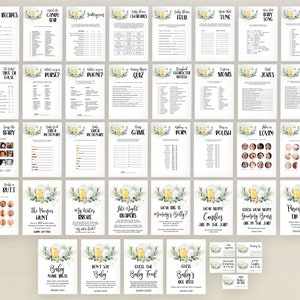 May include: A set of printable baby shower game cards with a yellow and green floral design. The cards feature various games such as "Guess the Baby Food", "Baby Shower Charades", "Guess How Many Gummy Bears Are in the Jar", and more.