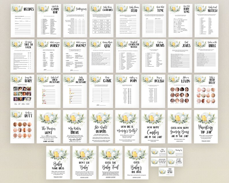 May include: A set of printable baby shower game cards with a yellow and green floral design. The cards feature various games such as "Guess the Baby Food", "Baby Shower Charades", "Guess How Many Gummy Bears Are in the Jar", and more.