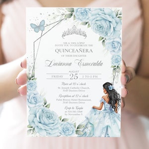 Invito Quinceañera blu e argento, modello di invito per festa del 15° compleanno MODIFICABILE, fai da te pastello Mis Quince Anos, download istantaneo Q101