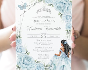 Baby Blue and Silver Quinceañera Invitation, EDITABLE 15th Birthday Party Invite Template, DIY Pastel Mis Quince Anos, Instant Download Q101