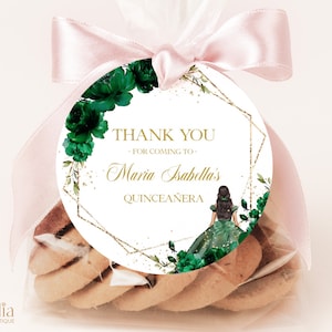 Smaragd Quinceañora Danke Geschenkanhänger, bearbeitbarer grüner und goldener runder Geschenkanhänger, Mis Quince Anos, 15. Geburtstagsparty, Instant Download, Q009