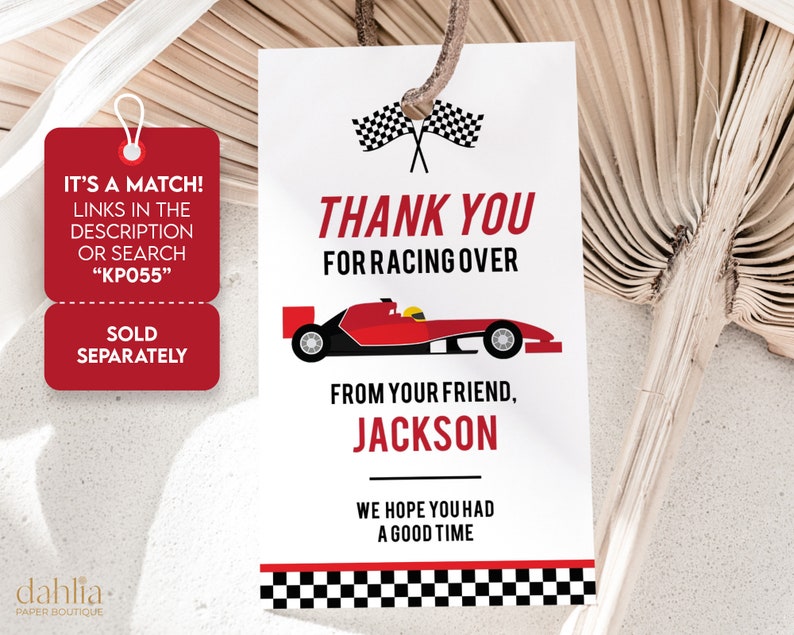 May include: A white thank you tag with a red race car and checkered flags. The text reads "Thank you for racing over from your friend, Jackson. We hope you had a good time."