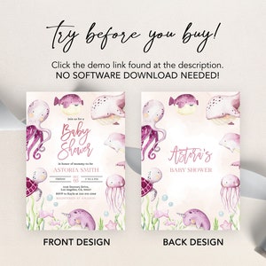 May include: A pink and purple baby shower invitation with an ocean theme. The front features an octopus, a whale, a turtle, a jellyfish, and a narwhal. The back features a starfish, a pufferfish, and the text "Astoria's Baby Shower".
