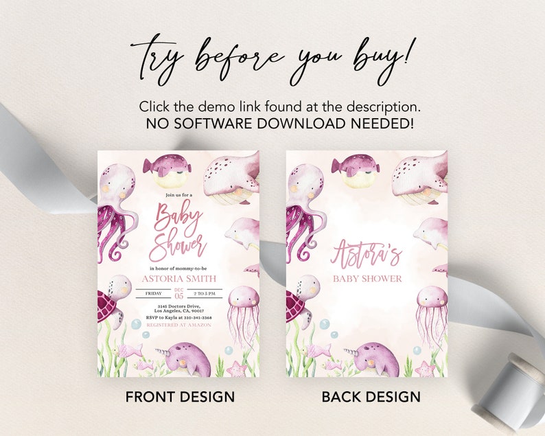 May include: A pink and purple baby shower invitation with an ocean theme. The front features an octopus, a whale, a turtle, a jellyfish, and a narwhal. The back features a starfish, a pufferfish, and the text "Astoria's Baby Shower".