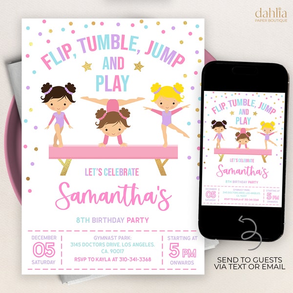 Gymnastics Birthday Invitation, EDITABLE Gymnastics Party Invitation Template, Girl Gymnastics Birthday Party Invite, Instant Download KP035