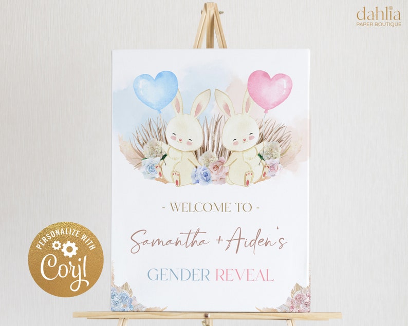 May include: A gender reveal sign with a watercolor background featuring two bunnies holding blue and pink heart balloons. The sign says "Welcome to Samantha + Aiden's Gender Reveal".