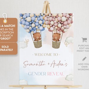 Teddy Bears Gender Reveal Evite Template, EDITABLE Hot Air Balloon Invitation, Printable He Or She, Boy Or Girl, Boho Watercolor Bear, GR007 image 6