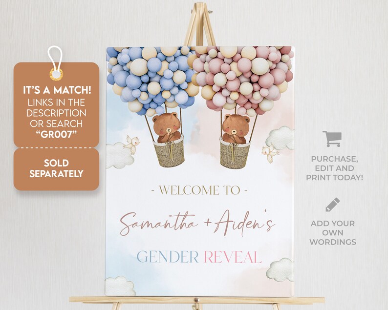 Teddy Bears Gender Reveal Evite Template, EDITABLE Hot Air Balloon Invitation, Printable He Or She, Boy Or Girl, Boho Watercolor Bear, GR007 image 6