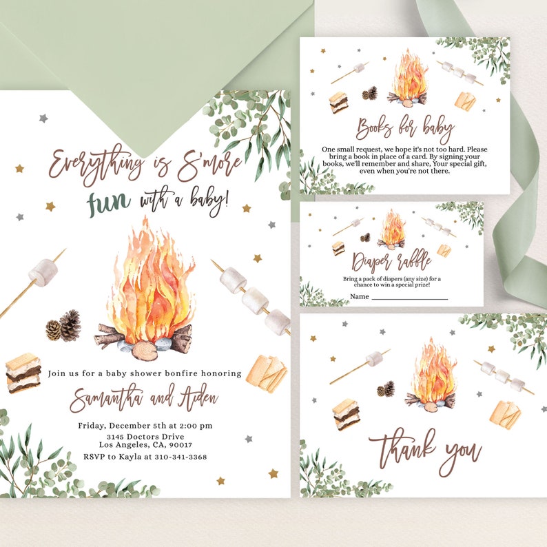 May include: A baby shower invitation with a campfire theme. The invitation features a watercolor illustration of a campfire with marshmallows on sticks, a s'more, and the text "Everything is S'more fun with a baby!" The invitation also includes the names Samantha and Aiden, the date and time of the shower, and the address. There are also two smaller cards with the text "Books for baby" and "Diaper Raffle".