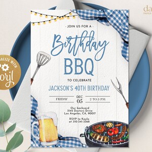 BBQ Birthday Invitation, EDITABLE Blue Gingham Backyard Party Template ...