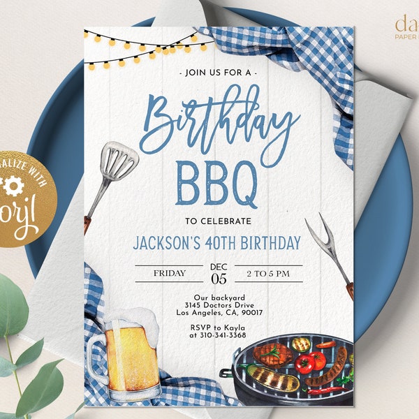 BBQ Birthday Invitation, EDITABLE Blue Gingham Backyard Party Template, Outdoor Barbecue Grill Invite, Printable Modern Summer Cookout KP190