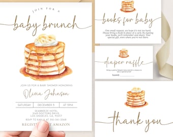 May include: A baby shower invitation with a watercolor illustration of a stack of pancakes with syrup and whipped cream. The invitation says "Join for a baby brunch" and includes the name "Olivia Johnson", the date, time, and location of the event. The invitation also includes a request for guests to bring a book in place of a card, and a diaper raffle.
