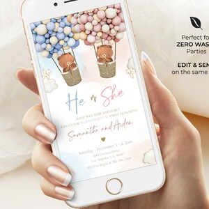 May include: A digital invitation for a gender reveal party with a blue and pink balloon hot air balloon theme. The invitation says "He or She" and includes the names Samantha and Aiden. The text also includes the date, time, and location of the party.
