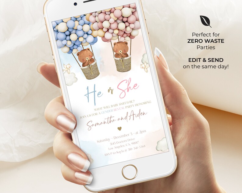 May include: A digital invitation for a gender reveal party with a blue and pink balloon hot air balloon theme. The invitation says "He or She" and includes the names Samantha and Aiden. The text also includes the date, time, and location of the party.