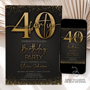 Black and Gold Birthday Invitation, Editable 40th Confetti Birthday Invite, Adult Birthday Invite Any Age, Printable Digital Download, AP011