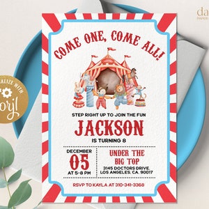 Circus Animals Birthday Invitation, EDITABLE Carnival Party Invite Template, Tween Celebration, Fun Rides, Unisex Kids Birthday, Corjl KP120