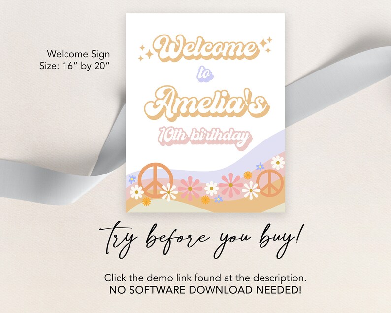 Peut inclure: Une pancarte de bienvenue pour une f&ecirc;te d'anniversaire de 10 ans avec un th&egrave;me groovy des ann&eacute;es 70. La pancarte est blanche avec un fond bleu clair et p&ecirc;che et pr&eacute;sente le texte "Bienvenue chez Amelia's 10th birthday" dans une police r&eacute;tro. La pancarte est d&eacute;cor&eacute;e de signes de paix et de fleurs.