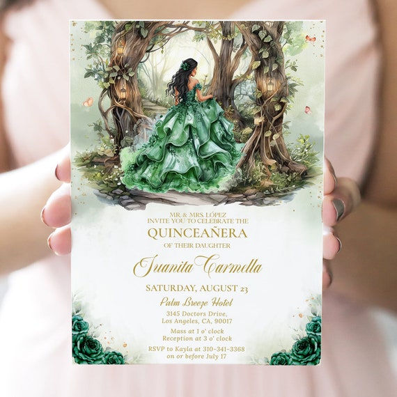 Enchanted Forest Quinceañera Invitation, EDITABLE Emerald Magical