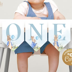 Banner per seggiolone per il primo compleanno di Peter Rabbit, modello di banner coniglietto rustico modificabile, coniglietto flopsy, primo compleanno di un bambino blu, download immediato