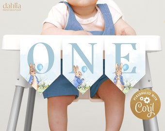 Peter Rabbit 1st Birthday High Chair Banner, Editable Rustic Bunny Banner Template, Flopsy Bunny, Blue Boy First Birthday, Instant Download