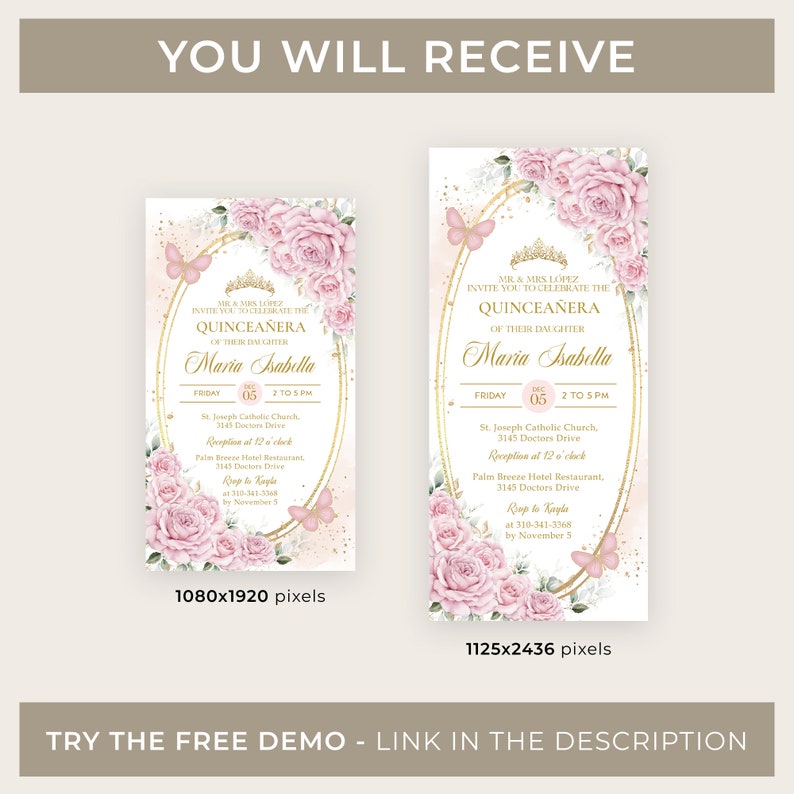 Invitation Tag Roop Blush Pink and Gold Quinceañera Digital Invitation, EDITABLE Pastel ...