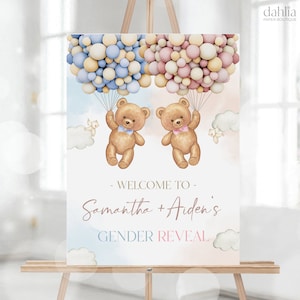 Cartello di benvenuto per rivelazione del sesso degli orsacchiotti modificabile, modello di decorazione per feste per neonati o bambine, lui o lei, orso acquerello boho con palloncini, GR025