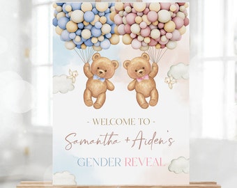 Panneau de bienvenue MODIFIABLE avec les ours en peluche, modèle de décoration de fête pour bébé garçon ou fille, lui ou elle, aquarelle bohème ours avec ballons, GR025