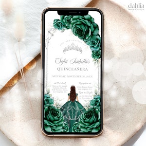 Emerald Green and Silver Quinceañera Digital Invitation, EDITABLE 15th Birthday Mobile Invite, Mis Quince Anos, Sweet 16 Rose Template, Q064
