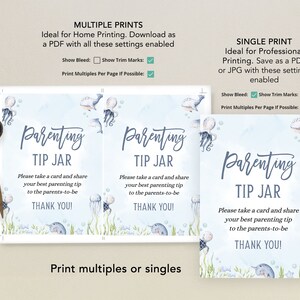 May include: Two printable signs with an ocean theme. The signs say "Parenting Tip Jar" and include instructions to take a card and share your best parenting tip with the parents-to-be. The signs feature a blue, white, and grey colour scheme with illustrations of jellyfish, narwhals, and fish.
