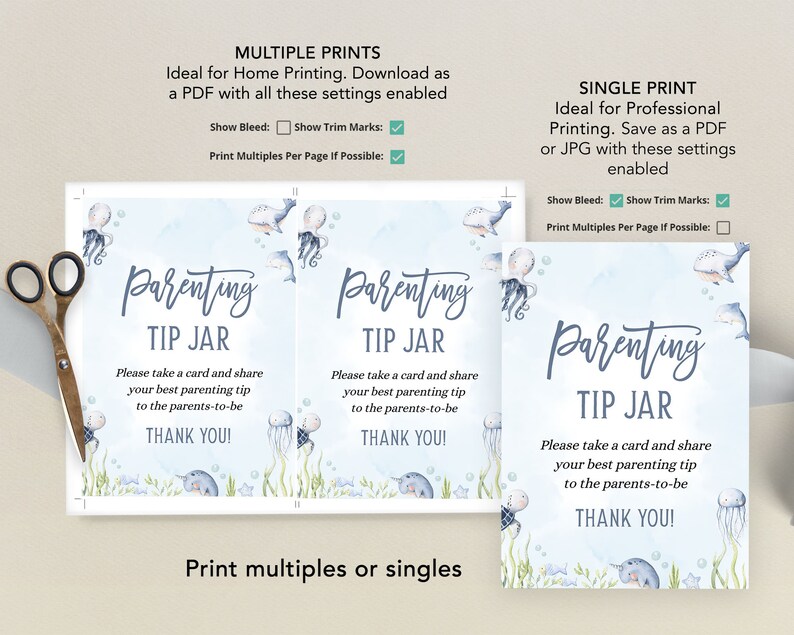 May include: Two printable signs with an ocean theme. The signs say "Parenting Tip Jar" and include instructions to take a card and share your best parenting tip with the parents-to-be. The signs feature a blue, white, and grey colour scheme with illustrations of jellyfish, narwhals, and fish.