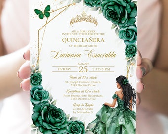 May include: Green and gold quinceañera invitation with a floral design and a crown. The invitation includes the text "MR. & MRS. LÓPEZ INVITE YOU TO CELEBRATE THE QUINCEAÑERA OF THEIR DAUGHTER Lucianna Esmeralda AUGUST 25 2 TO 5 PM Mass at 10 o'clock St. Joseph Catholic Church, 3145 Doctors Drive Reception at 12 o'clock Palm Breeze Hotel Restaurant, 3145 Doctors Drive Rsvp to Kayla at 310-341-3368 by November 5"