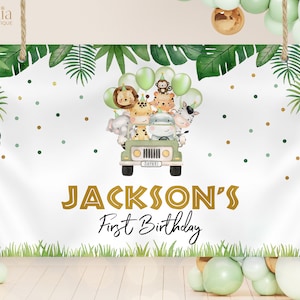 Wild One Birthday Backdrop, EDITABLE Safari Animals Party Decor Template, Jungle Safari Theme 1st Birthday Banner, Instant Download, KP084