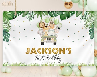 Wild One Birthday Backdrop, EDITABLE Safari Animals Party Decor Template, Jungle Safari Theme 1st Birthday Banner, Instant Download, KP084