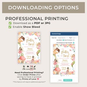 May include: A printable invitation for a first birthday party with a fairy theme. The invitation features a watercolor illustration of fairies, butterflies, and flowers. The text on the invitation reads "Let's flutter and twirl, Please join us to celebrate Aurora's First Birthday".