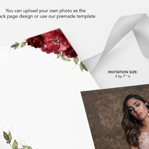 May include: A white invitation card with a red floral design in the top corner. The text "INVITATION SIZE: 5 by 7" in" is printed in black at the bottom right corner.
