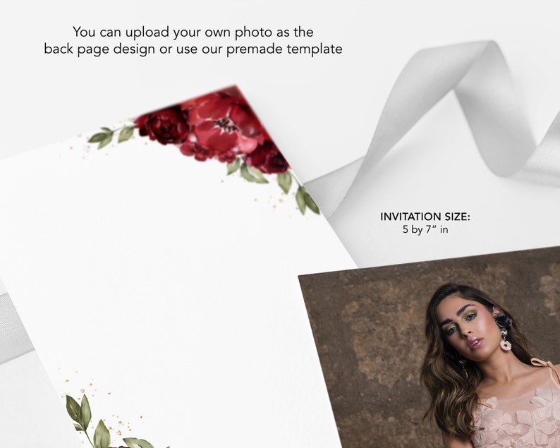 May include: A white invitation card with a red floral design in the top corner. The text "INVITATION SIZE: 5 by 7" in" is printed in black at the bottom right corner.