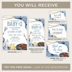 May include: A set of printable baby shower invitations with a blue and white gingham pattern. The invitations feature a grill, beer, and a baby bottle. The text on the invitations reads "Join us for a coed Baby-Q to celebrate parents to be Samantha and Aiden".