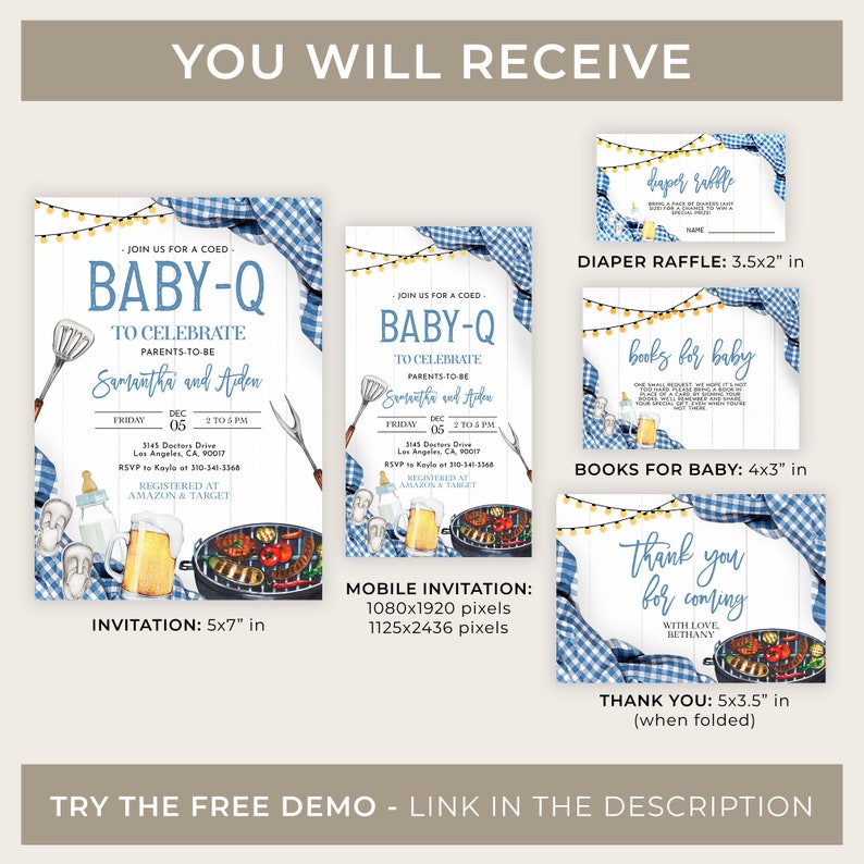 May include: A set of printable baby shower invitations with a blue and white gingham pattern. The invitations feature a grill, beer, and a baby bottle. The text on the invitations reads "Join us for a coed Baby-Q to celebrate parents to be Samantha and Aiden".