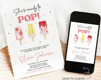 Popsicle Baby Shower Invitation, EDITABLE Summer Party Invite, She's Ready to Pop Template, It's A Girl Baby Shower, Instant Download, BS500