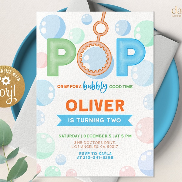 Bubble Party Birthday Invitation, EDITABLE Bubble Birthday Invite, Pop On By For A Bubbly Good Time, Summer Garden, Instant Download KP086