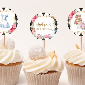 SET VON 6 Alice im Wunderland Cupcake Topper, EDITIERBARE Onederland Geburtstagsetikett, Mad Tea Party Dekor, Cupcake Label, Instant Download, KP191