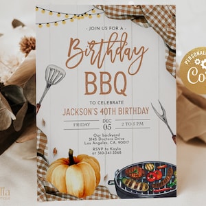 May include: A BBQ birthday invitation with a rustic design. The invitation features the text "Birthday BBQ" and details for Jackson's 40th birthday. Includes a watercolor illustration of a grill, pumpkin, and utensils. The invitation is personalized with Corjl.