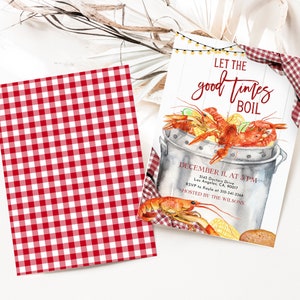 Editable Seafood Boil Party Invitation, Let The Good Times Boil, Crawfish Boil Engagement, Any Occasion, Red Plaid Digital Invite, KP183 image 2