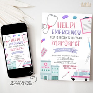 Invitación de cumpleaños de médico para niños, invitación editable a la fiesta de socorristas, niña enfermera doctora fingir, emergencia médica, receta, KP279