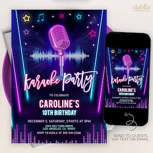 Karaoke Birthday Invitation, Editable Music Party Invite Template, Glow Neon Invite, Singing, Girl Birthday, Tween, Instant Download, KP135