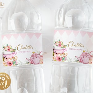 Tea Party Water Bottle Label Template, Editable Bottle Wrapper, Pink and Gold Par-tea, Whimsical High Tea Floral, Instant Download, KP056